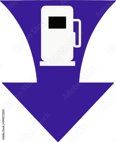  Gas station icon with blue down arrow for falling fuel prices concept