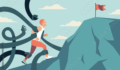 Psychological scene with hands and man. Male runner runs to mountain top, overcoming obstacles, limitations, dealing, goal achievement in business tidy vector cartoon flat isolated concept