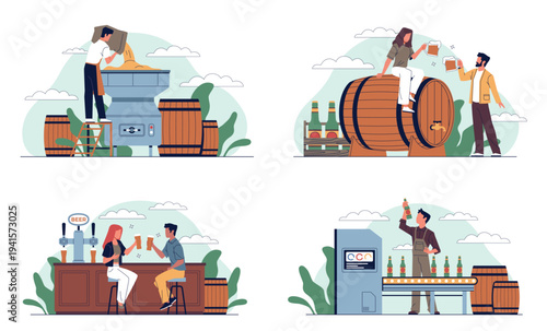 People produce beer. Equipment and ingredients, craft beer production, low alcohol drink, brewing process, manufacturing conveyor packaging bottles, cartoon isolated nowaday vector set