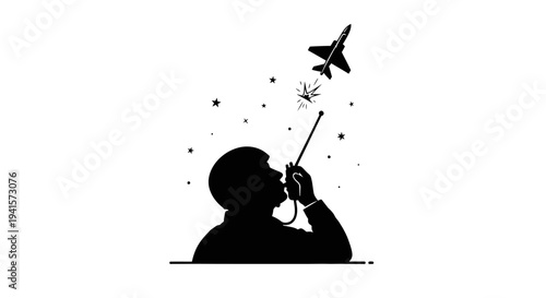 Silhouette of person controlling jet fighter with radio, abstract background