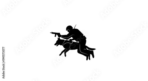 Silhouette of Soldier and Military Dog in Action with Rifle