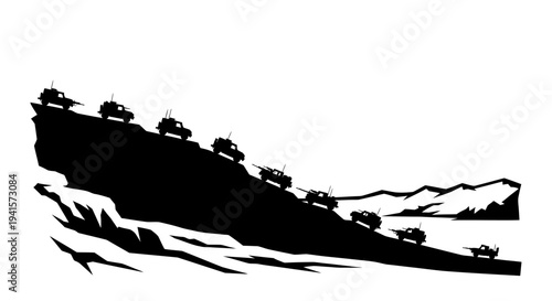 Silhouette of military vehicles driving down a steep mountain slope, rugged terrain, adventure