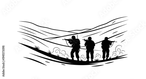Silhouette of soldiers advancing in a hilly landscape with smoke and dust