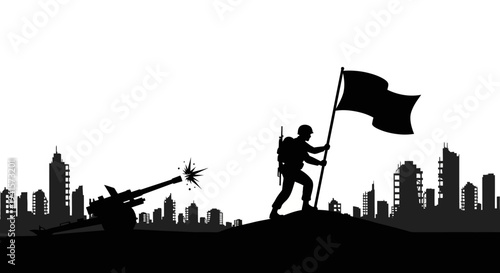 Silhouette Soldier Planting Flag on Hilltop Over Cityscape with Cannon Firing