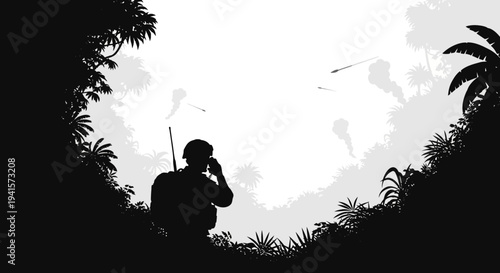 Silhouette soldier in jungle communicating on radio, smoke in background