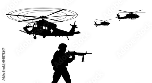 Silhouette Soldier with Machine Gun and Helicopters in Formation
