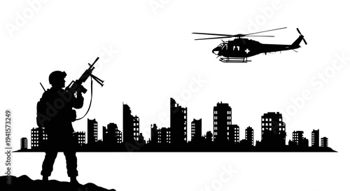 Silhouette Soldier with Rifle Overlooking Ruined Cityscape with Helicopter Flying Above