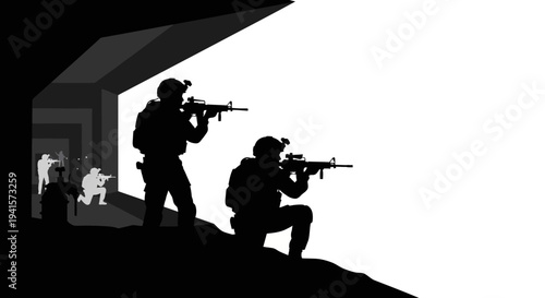 Silhouette Soldiers Advancing from Dark Tunnel into Bright Light