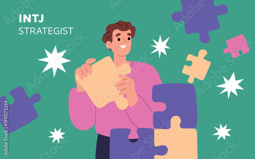 Mbti personality type. Man with introverted intuitive, logic thinking, judging traits, strategist collects puzzle pieces, personal development symbol garish vector cartoon isolated concept