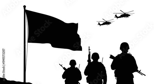 Silhouette Soldiers and Helicopters with Flag, Military Operation, War, Freedom