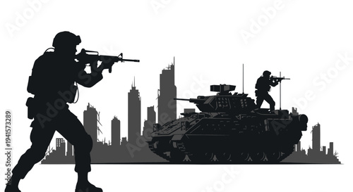 Silhouette Soldiers and Tank in Ruined Cityscape: War and Conflict Concept