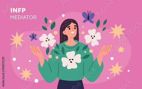 Mbti personality type. Female character with introverted, intuitive feeling, prospecting traits, calm mediator person, harmony and emotional support garish vector cartoon isolated concept
