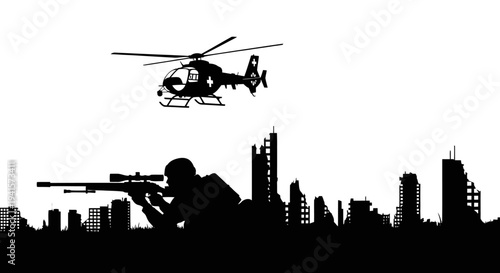 Sniper Silhouette Aiming Helicopter Over Ruined Cityscape, Military Action Concept