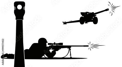 Sniper Soldier Aiming Rifle, Artillery Cannon Firing, Military Combat Silhouette