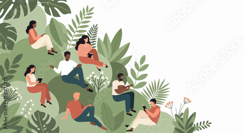 People in nature, diverse people relaxing on green hills with lush plants. Groups of people in nature connect, enjoy tranquil setting. People in nature concept for eco brands, wellness campaigns,