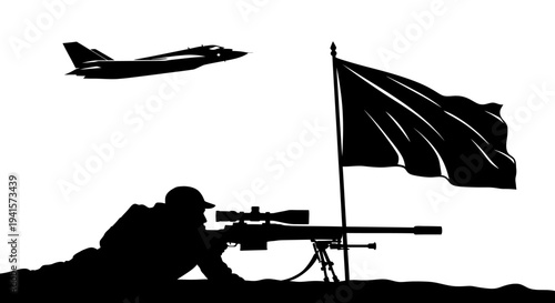 Sniper Soldier Aims Rifle Under Jet and Flag Silhouette