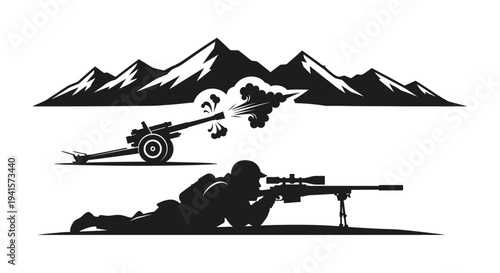Sniper Soldier Aiming Rifle, Artillery Firing, Mountain Landscape Silhouette