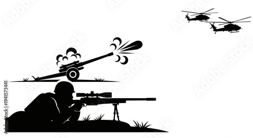 Sniper Soldier Aims Rifle, Artillery Fires, Helicopters Fly Overhead - Military Combat Scene