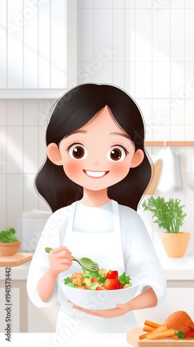 Smiling Woman Holding Bowl of Fresh Green Salad in Kitchen