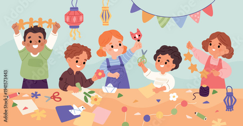 Kids cut out figures from colored paper. Children make collages, garlands and applications, school , origami creativity, happy boys and girls make crafts, garish vector cartoon flat concept