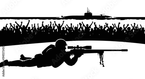 Sniper soldier aiming with crowd and submarine silhouette, war and peace concept