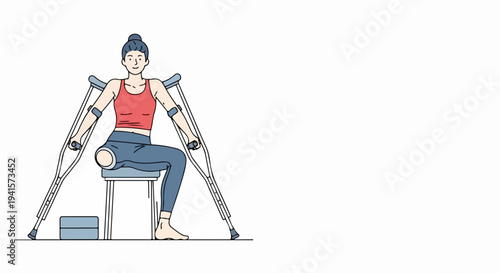 Woman performing rehabilitation exercise with prosthetic leg, sitting on chair with crutches and yoga blocks. Physical therapy promotes limb recovery and adaptive fitness,