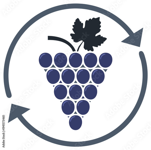 Winemaking cycle icon with a grape bunch and circular arrows symbolizing sustainable viticulture and production
