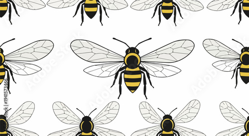 Stylized bee pattern illustration on clean white background. Seamless bee pattern shows yellow and black striped insects with delicate wings, perfect for textiles or wallpaper.