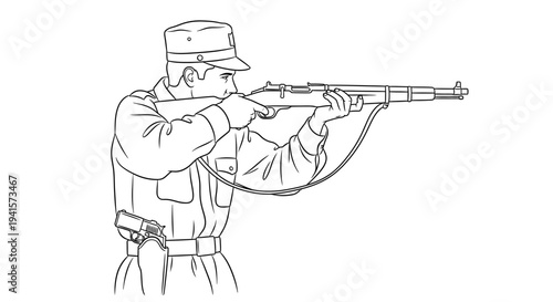 Soldier aiming a rifle, military training, historical reenactment, vintage weapon