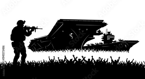 Soldier Aims Rifle at Aircraft Carrier Amidst Cheering Crowd Silhouette