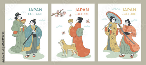 Japan traveling cards. Geisha and samurai in traditional oriental kimono, cherry blossoms, women with fans and umbrellas, katana swords, ukiyo e style culture elegant posters garish vector set