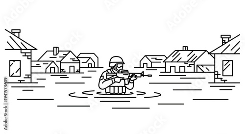 Soldier in floodwaters, flooded town, natural disaster, military rescue, survival, abstract line art