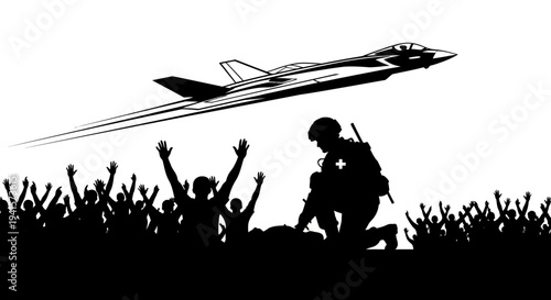 Soldier Helping Wounded Person Amidst Crowd, Fighter Jet Flies Overhead
