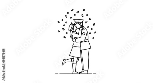 Soldier hugging partner, confetti falling, reunion, love, welcome home, military couple