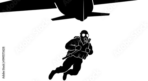 Soldier in gas mask parachuting from plane, black and white illustration