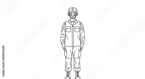 Soldier in Uniform Standing at Attention, Military Personnel, Outline Drawing