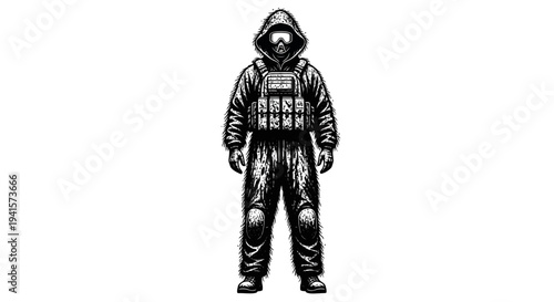 Soldier in protective suit with gas mask and tactical vest, illustration