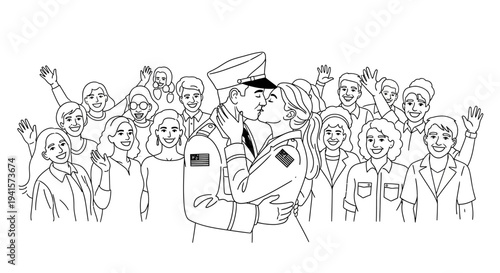 Soldier kissing wife goodbye as crowd waves, homecoming, farewell, military, family, love, support