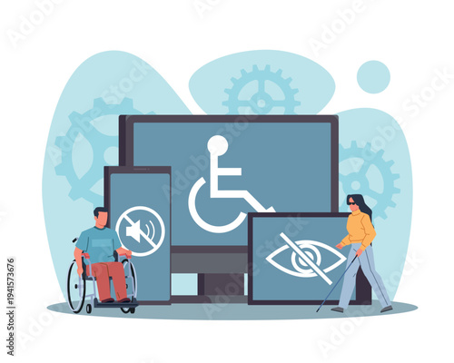 Electronic devices for disabled. Paralyzed people with motor problems, communication accessibility, man on wheelchair, inclusive interface design and equal access cartoon vector concept