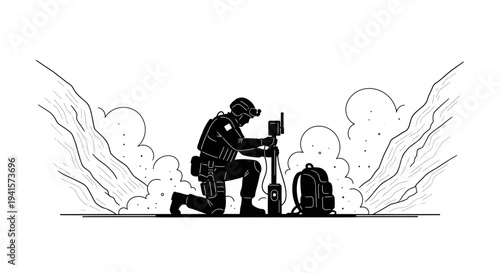 Soldier Kneeling with Radio Equipment in Mountainous Terrain with Clouds