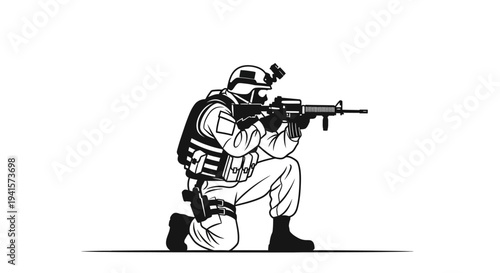 Soldier Kneeling with Assault Rifle, Military Combat, Tactical Gear, Aiming Weapon, Army Soldier
