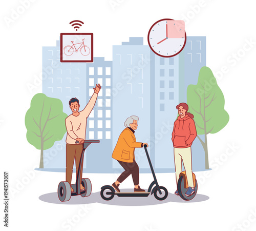City electric transport. People travel on scooters, unicycles and segways, eco green devices, urban mobility, personal ecological vehicle vector cartoon flat style isolated concept