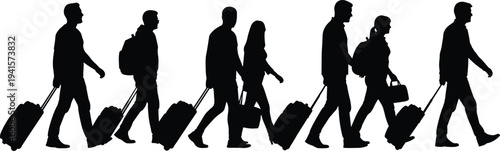 Travelers walking with luggage silhouettes set, men and women pulling suitcases airport travel tourism journey isolated on white