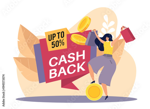Cash back. Happy woman rejoices at return of percentage for purchase of goods, promotion banner, customer with shopping bags, discount label, rewards program vector cartoon isolated concept