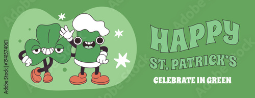 Beer mascots st patrick. Groovy green drink mug, lucky clover, funny smiling faces, cartoon holiday Irish characters, holiday celebration horizontal banner design, garish vector concept