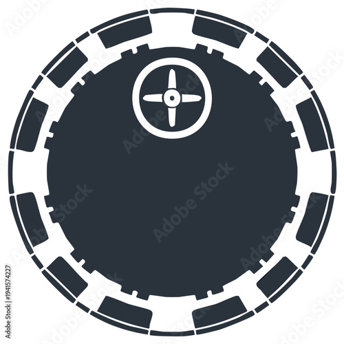 Abstract dark circular icon with outer gear shape and internal cross symbol