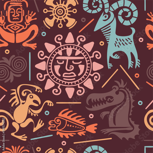 .Inca tribal seamless pattern. Hand drawn maya symbols, ancient culture aztec repeated ethnic ornaments, decor textile, wrapping paper, wallpaper. Print for fabric splendid vector background