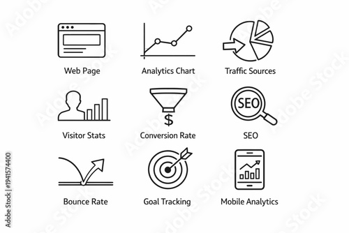 Digital marketing icons for web analytics and seo optimization
