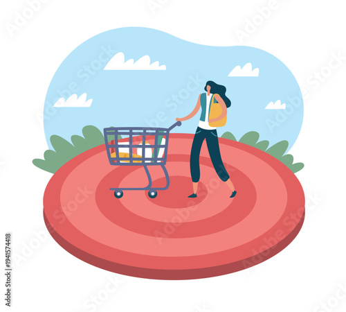 Targeted sales. Accuracy of customer engagement, advertising audience girth, shopping, woman moving goods in cart, marketing strategy, delivery promotion vector cartoon isolated concept