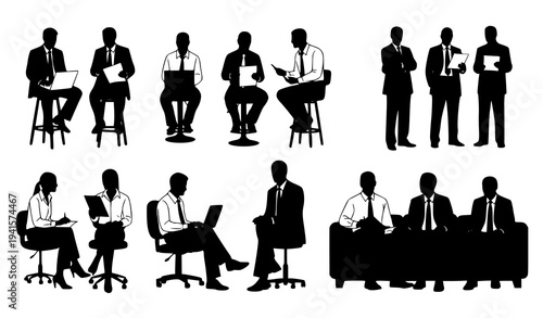 Business people sitting silhouettes businessman and businesswoman talking